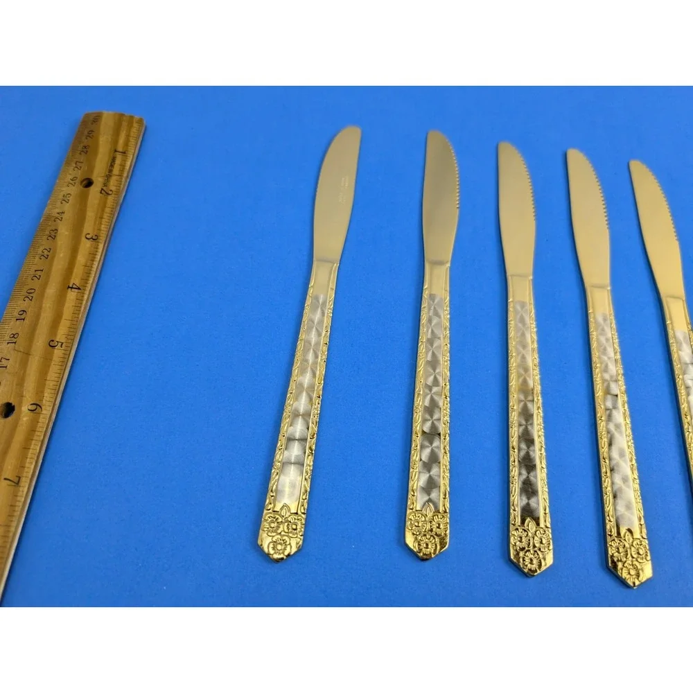 Vintage Stainless Steel Japan Silver Gold Tone Floral Butter Knife Set of 5